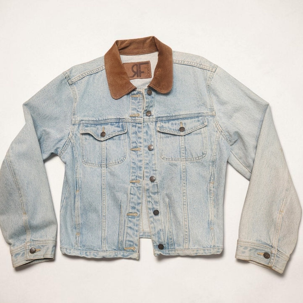Rafaella Light Wash Denim Jacket Women Suede Collar Trucker Utility VTG Large
